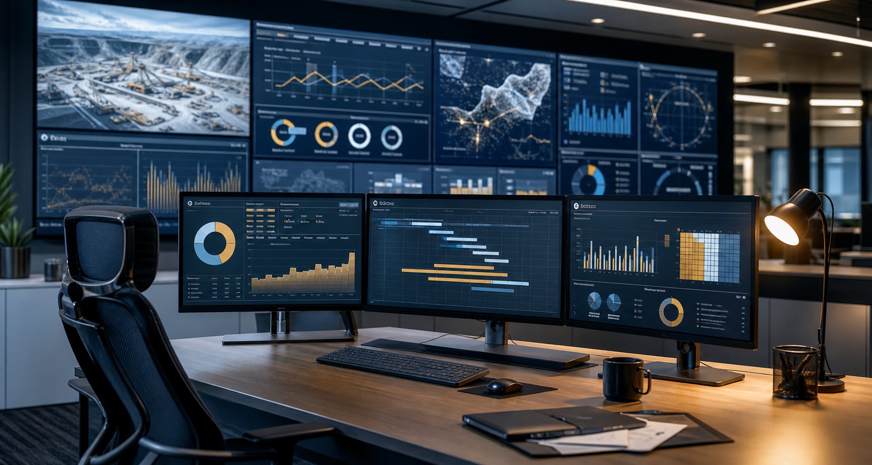 Sala de control de proyectos con tableros ejecutivos de CAPEX, cronograma y riesgos
