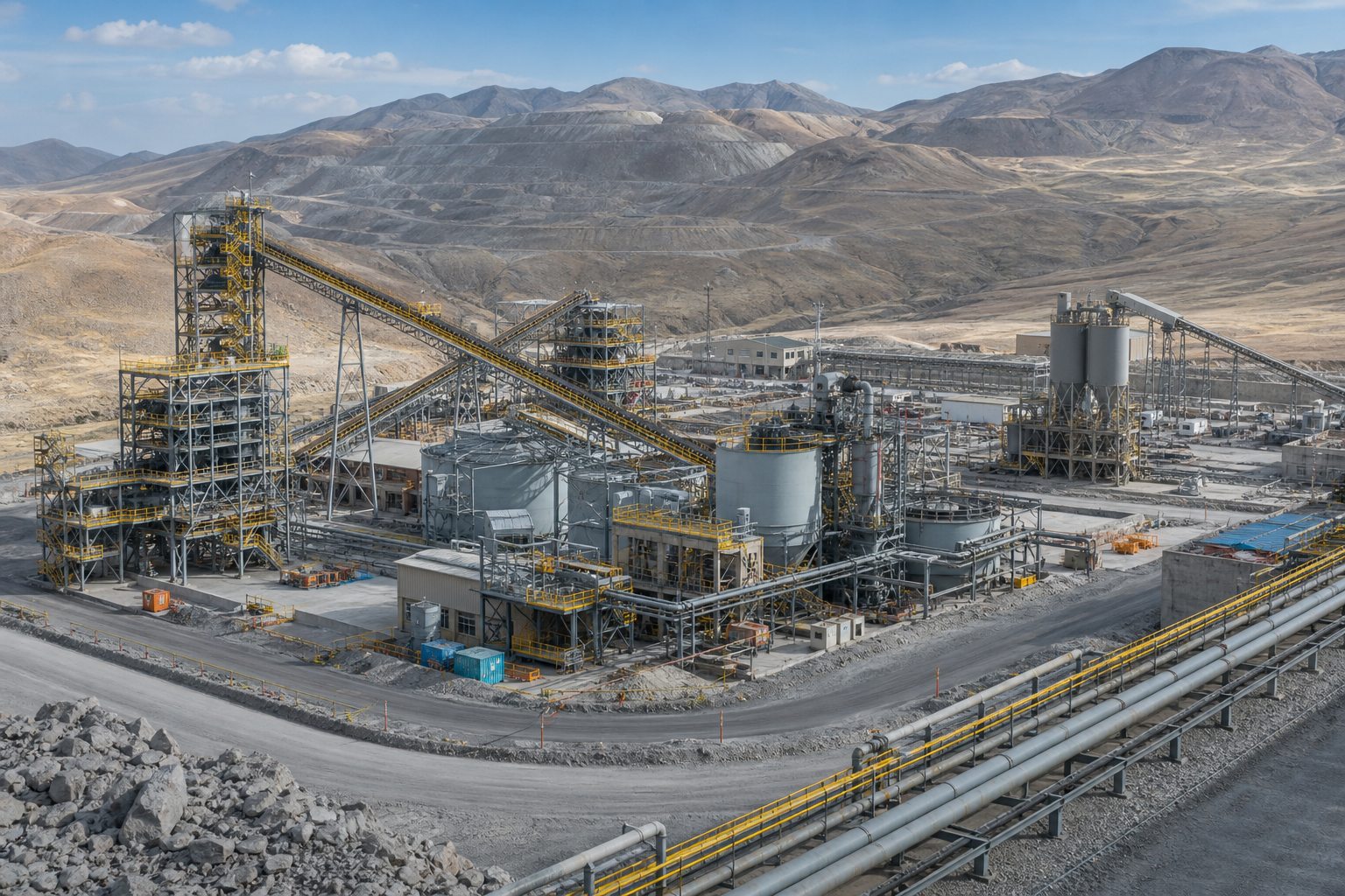 Planta concentradora minera con infraestructura de proceso, correas transportadoras y caminos de operación